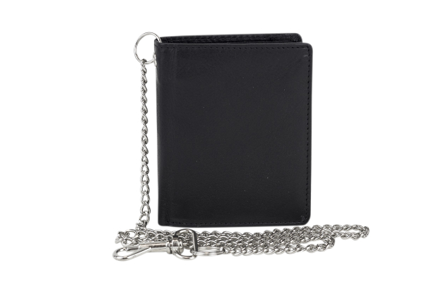 EAS Biker Mini Geldbörse mit Riegel und Kette extra dünn im Hochformat, flaches Portemonnaie mit RFID Schutz Folie mit Geschenk Box Echt-Leder, schwarz
